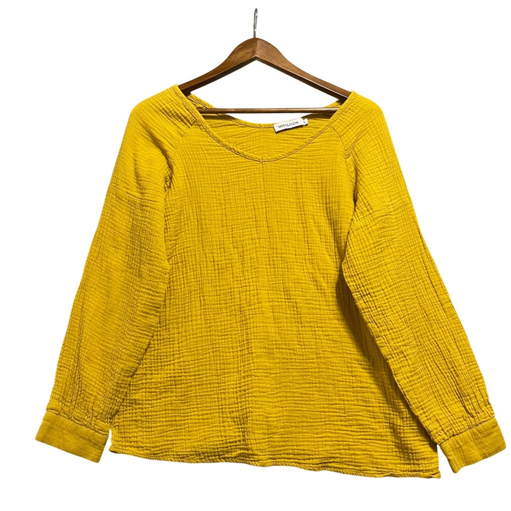 Misslook Blouse Womens Large Mustard Yellow Gauze Crinkle Top Boho Minimalist